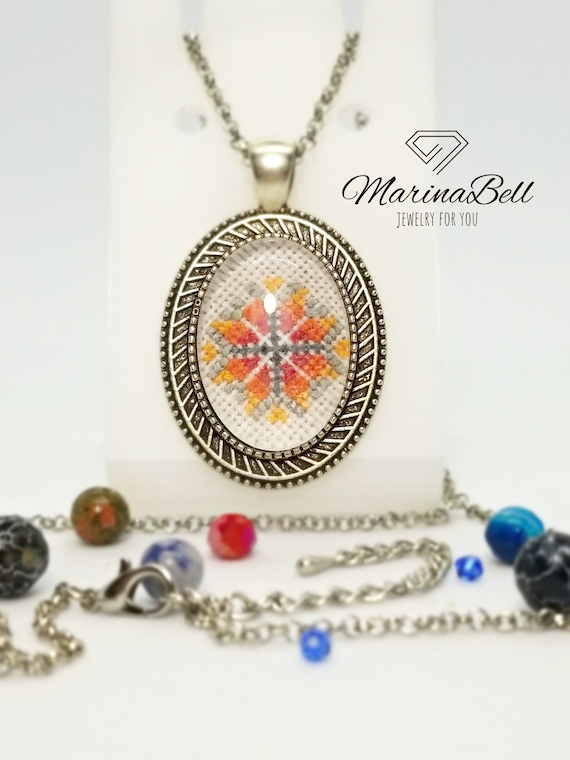 Pendants for Necklaces Women Pendant Under Glass Etno Embroidery