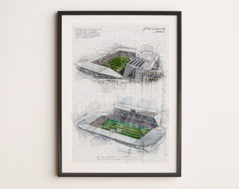 May include: Framed architectural sketch of the Gtech Community Stadium, showing two views of the stadium. The artwork includes handwritten notes and a grid background, with green pitches and seating areas, in a black frame.