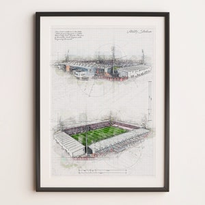 Può includere: Stampa incorniciata dello stadio Vitality, con due prospettive dettagliate dello stadio. L'opera d'arte comprende un campo verde, strutture dello stadio e disegni tecnici su uno sfondo a griglia. La stampa è racchiusa in una cornice nera.