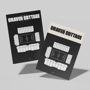 May include: Two black and white posters featuring a minimalist illustration of a soccer stadium. The posters display the text "CRAVEN COTTAGE" in bold letters, with the stadium layout and seating areas in white.