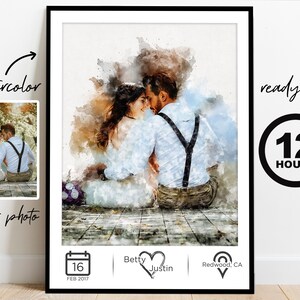 Watercolor Couple Portrait from Photo, Custom Wedding Anniversary Gift for Wife Husband Parents, Engagement Gift for Friend, Unique Wall Art