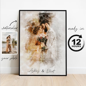 Watercolor Couple Portrait from Photo, Christmas Gift, Custom Wedding Anniversary Gift for Wife Husband Parents, Engagement Gift for Friend