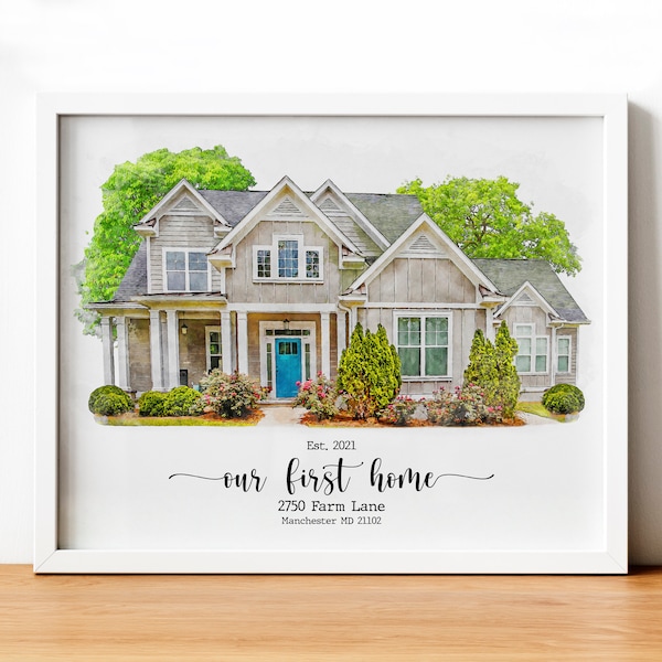 New Home Housewarming Gift Watercolor House Portrait Personalized First