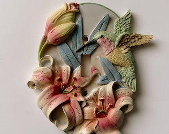 Vintage Hummingbird Lily 3D Switch Plate Cover | Cottagecore Floral Resin Decor