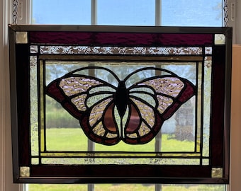 Stained Glass Burgundy Wine Butterfly Panel Window