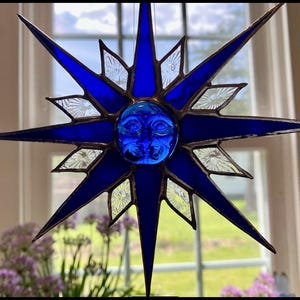 Stained Glass Sun Suncatcher, Sunburst Suncatcher, Cobalt Blue Sunburst