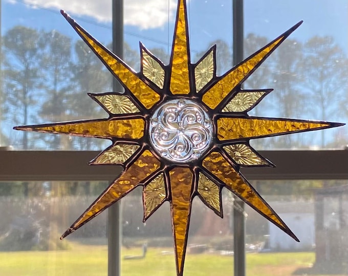 Stained Glass Yellow Sunburst Sunface Suncatcher, Golden Sunburst Suncatcher