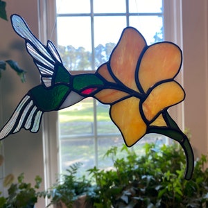 Stained Glass Hummingbird Orange Flower