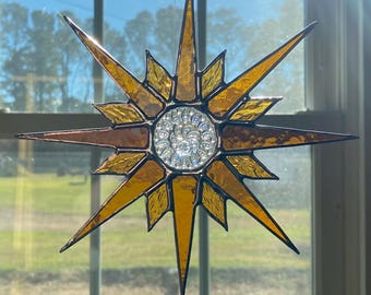 Stained Glass Sunburst Suncatcher: Yellow Textured Glass With Gem Face