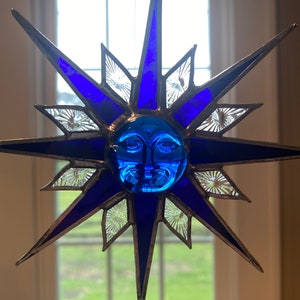 Stained Glass Sun Suncatcher, Sunburst Suncatcher, Cobalt Blue Sunburst