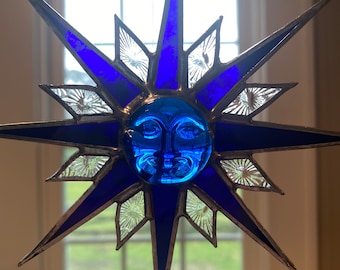 Stained Glass Sun Suncatcher, Sunburst Suncatcher, Cobalt Blue Sunburst