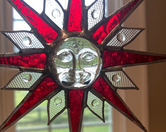 Red Stained Glass Sunface Sunburst Suncatcher