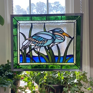 Stained Glass Blue Heron Panel Window Hanging