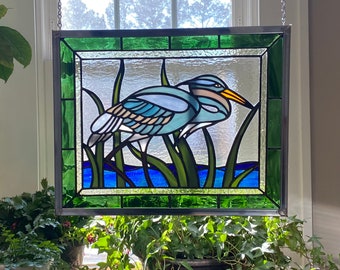 Stained Glass Blue Heron Panel Window Hanging
