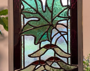 Vertical Maple Leaf Stained Glass Window Panel