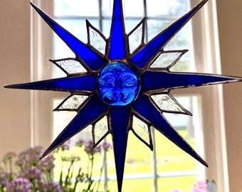 Stained Glass Blue Sunburst Suncatcher, Cobalt Blue Sunface Sun Catcher