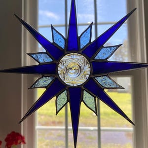 Stained Glass Sunburst Suncatcher: Cobalt Blue with Gem Face