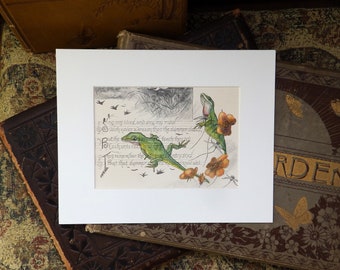 Lizard Painting, original painting on original book page from the 1800's, green anole lizards