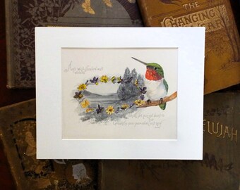 Hummingbird Painting on antique book page from the 1800's, original painting on original page, gift for birder