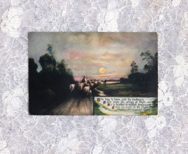 Christmas Moon, original painting on vintage Longfellow poem postcard image 2