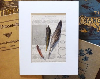 Feather Painting, original painting of three feathers on an original book page published in 1916, gift for bird or book lover