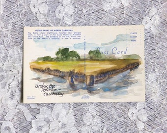 Outer Banks Postcard, original painting on vintage postcard featuring the Bodie Island lighthouse