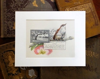 Wren in Mimosa Tree, original painting of a Carolina Wren on an original book page from the 1800's