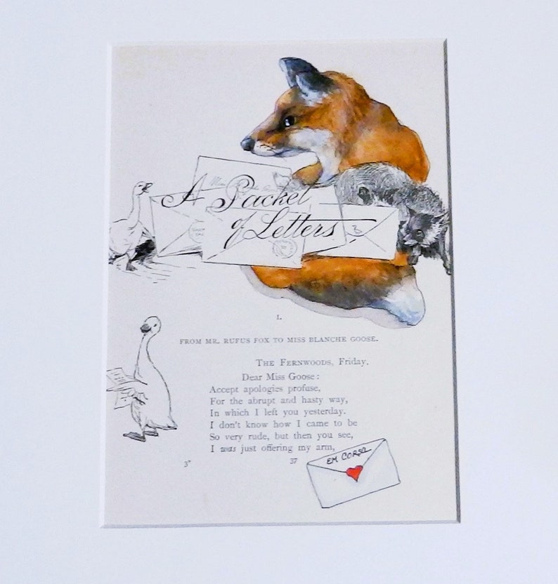 Fox Painting on original book page from 1894, original watercolor painting, children's decor zdjęcie 2