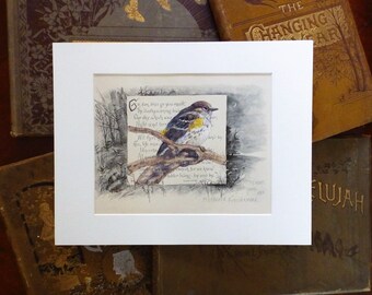 Warbler Painting on original book page from the 1800's, original art, Yellow-rumped warbler, gift for birder