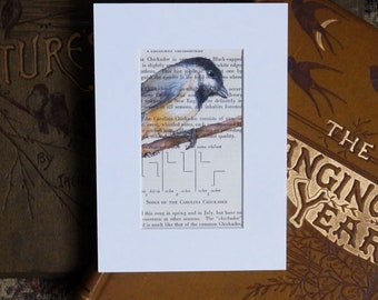 Chickadee Painting on vintage book page featuring birdsong diagrams, original painting