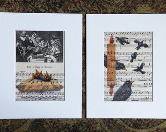 Nursery Rhyme Paintings, original paintings on original book pages from the 1800's, Set of Two