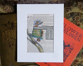 Wren in Apron, original painting of a Carolina Wren on an antique dressmaker's book page, gift for birder or seamstress