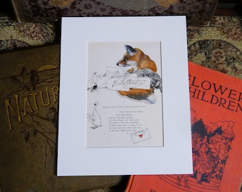 Fox Painting on original book page from 1894, original watercolor painting, children's decor