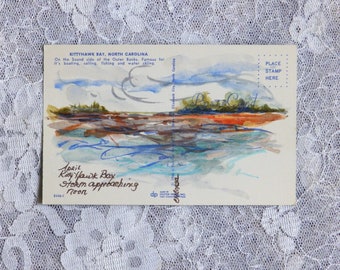 Outer Banks Postcard, original painting on vintage postcard of Kitty Hawk Bay, Outer Banks