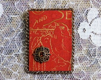 Bird Pin, antique book cover pin accented with vintage jewelry, gift for bird or book lover