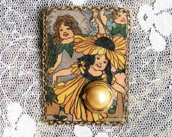 Flower Child Book Pin created from cover of antique book, gift for book or flower lover