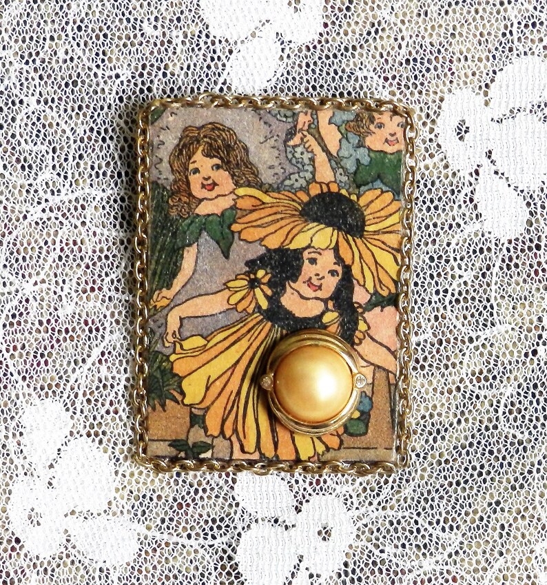 Flower Child Book Pin created from cover of antique book, gift for book or flower lover image 1