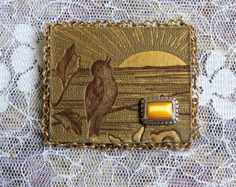 Bird at Sunrise Pin created with a piece of an antique book cover and accented with vintage jewelry, gift for bird or book lover