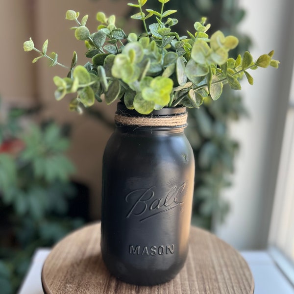 Modern Farmhouse mason jar vase| black vase with eucalyptus | neutral mason jar vase| table arrangement| event centerpiece