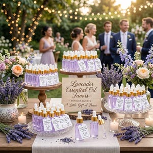 May include: Small glass dropper bottles filled with purple lavender essential oil, each featuring a white tag labeled 'Thank You'. A wooden sign reads 'Lavender Essential Oil Favors - FOR OUR GUESTS - A Little Gift of Peace' amidst lavender sprigs.