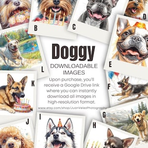 Puede incluir: Una colección de retratos de perros en acuarela, cada uno en un marco estilo Polaroid. Las imágenes presentan varias razas, algunas con pasteles de cumpleaños y gorros de fiesta. El texto en la imagen dice "Doggy DOWNLOADABLE IMAGES".