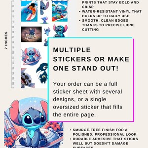 May include: A sheet of stickers featuring various Stitch designs, with a 4-inch by 7-inch size. The stickers are vibrant, water-resistant, and have a smooth finish. The text says "Multiple stickers or make one stand out!"
