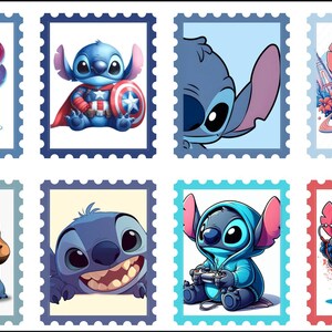 May include: A collection of eight postage stamp designs featuring the character Stitch from Lilo & Stitch. Each stamp showcases Stitch in various poses, including holding balloons, dressed as Captain America, and playing a guitar. The stamps are in blue, red, and white.