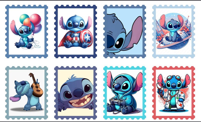 May include: A collection of eight postage stamp designs featuring the character Stitch from Lilo & Stitch. Each stamp showcases Stitch in various poses, including holding balloons, dressed as Captain America, and playing a guitar. The stamps are in blue, red, and white.