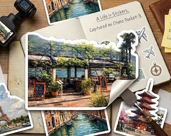 May include: A collection of travel-themed stickers featuring a cafe scene, the Eiffel Tower, a Venetian canal, and a pagoda, arranged on an open notebook. A black Osmo Pocket 3 camera, a fountain pen, and a yellow sticky note with travel destinations are present.