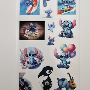 May include: A sheet of stickers featuring the character Stitch from the animated film Lilo & Stitch. The stickers depict Stitch in various poses, including surfing, holding balloons, and playing a ukulele. The stickers are in shades of blue, pink, and white.