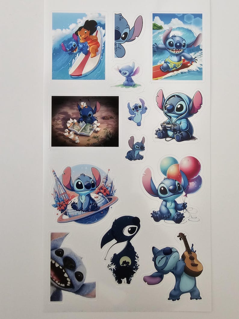 May include: A sheet of stickers featuring the character Stitch from the animated film Lilo & Stitch. The stickers depict Stitch in various poses, including surfing, holding balloons, and playing a ukulele. The stickers are in shades of blue, pink, and white.
