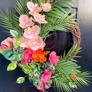 Tropical Orchid Wreath, Colorful Summer Door Decor