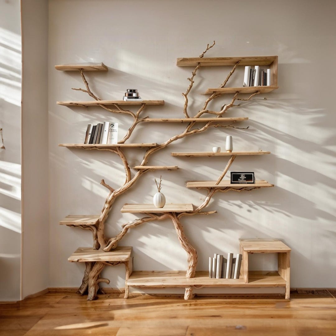 Tree Branch Bookshelf Live Edge Floating Shelf Solid Wood Bookcase Wall ...