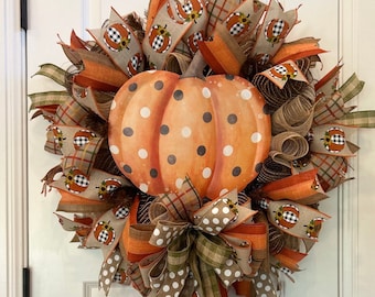 Pumpkin Fall Front Door Wreath with Large Polka Dot Pumpkin Decorative Sign Country Autumn Harvest Plaid Decor for Your Home Porch Entrance